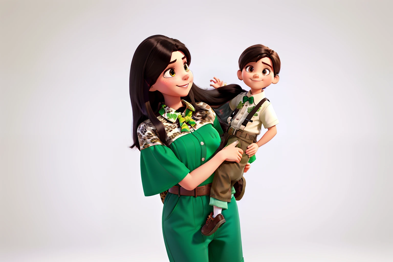 Brunette woman, long black hair, wearing a green dress, holding a -yead boyoth smiling, the child wearing shorts and a brown bow tie, a short-sleeved shirt with a safari animal print. White background, and in the style of Pixar Disney 3D. High quality and best quality.