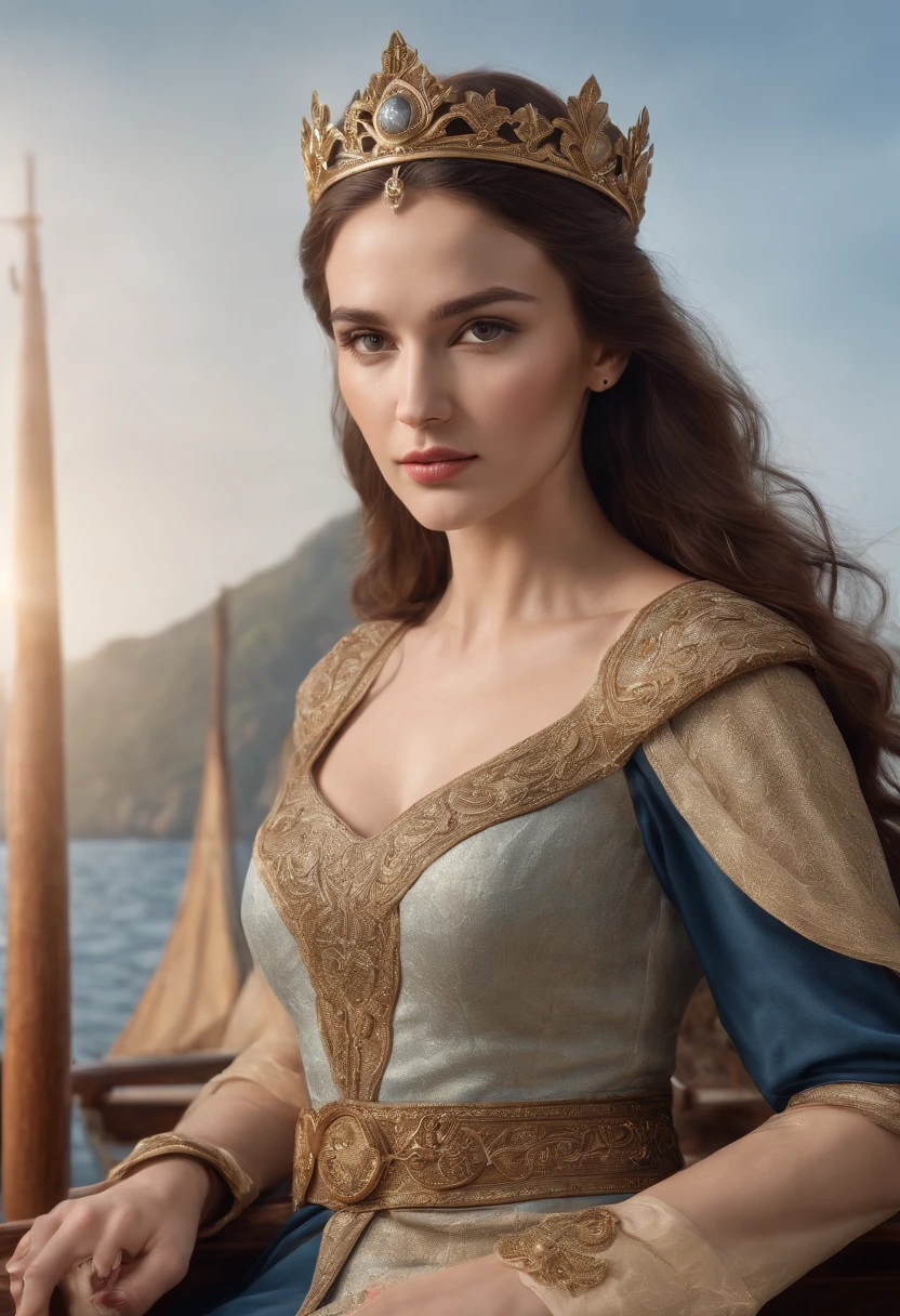 Queen goddess of Vikings, with brown hair and brown eyes, is glossy-skinned, looks gorgeous and dignified, has high self-esteem, wears a blue suit of a navy captain with jewelled belt, puts on a golden crown, is sitting on a golden deck of a yacht, is commanding crew, premium sailboat, Viking mythology, splendid atmosphere, photorealistic, super high quality, super detail, ultra-accurate description of hands, masterpiece, 8K, HDR