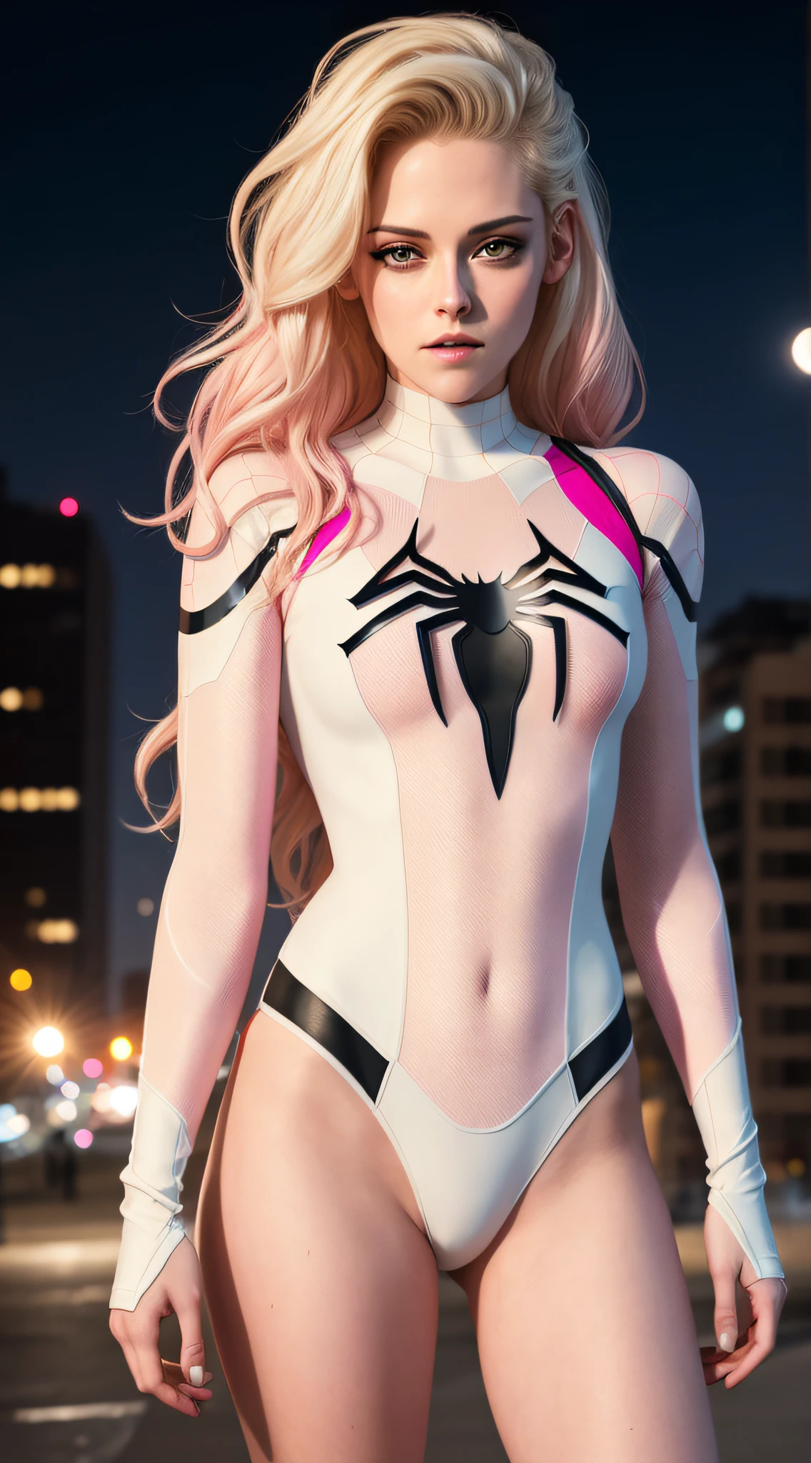 1.2, Kristen Stewart, blonde long hair, Masterpiece, 4k resolution, ultra-realistic, very detailed, sensual look, Spider Gwen costume, full body, sandy urban environment :0.8, cityscape, at night, dynamic lights, full moon, very realistic, very detailed, white pink female Spider-Man suit, smooth face, perfect teeth
