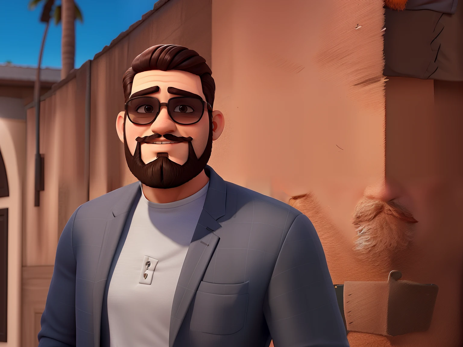 Um homem jovem, with a medium beard and sunglasses. Sua barba possui alguns fios brancos e ele veste um blazer cinza por cima de uma camisa em tom mais claro de cinza.