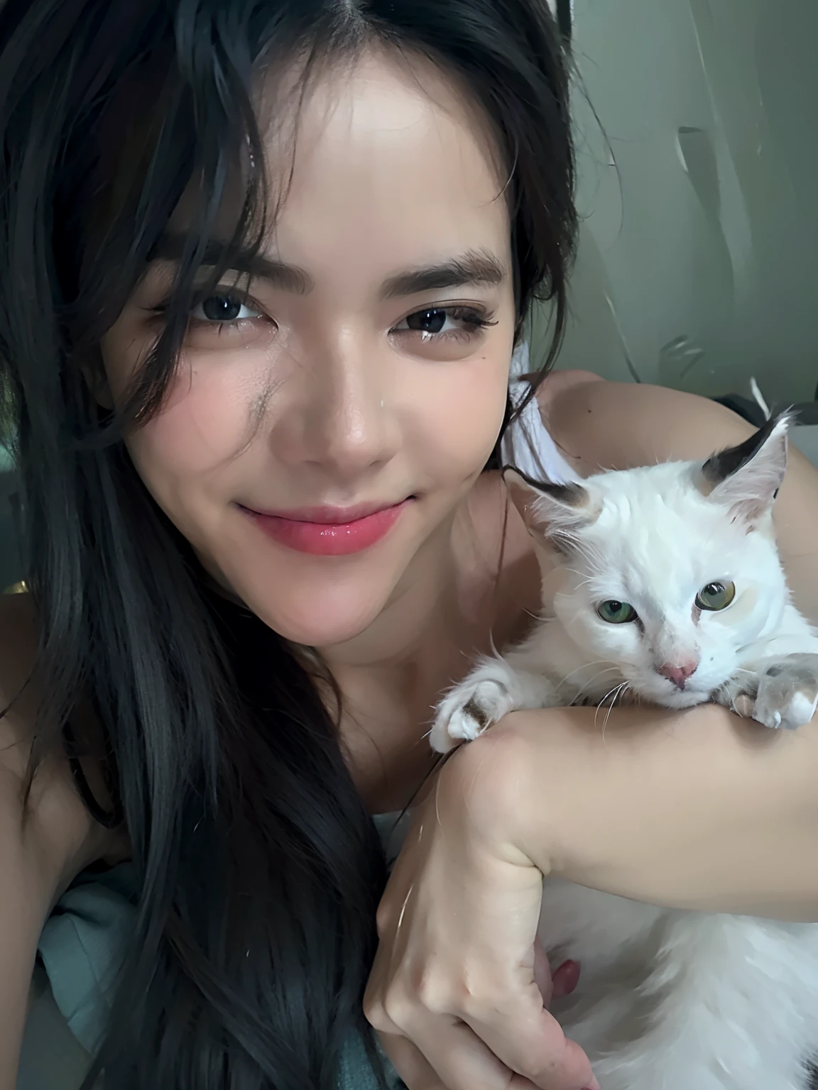 mulher sorridente segurando um gato com olhos azuis e cabelo preto, Directed by: Nandor Soldier, com gato pequeno no colo, Branco ( Gato ) garota, !!!! Gato!!!!, Upload de alta qualidade, mulher e gato, there is a cat next to her, foto de baixa qualidade, she is holding a cat in her arms, bochechas grandes segurando seu gato, 2 5 I