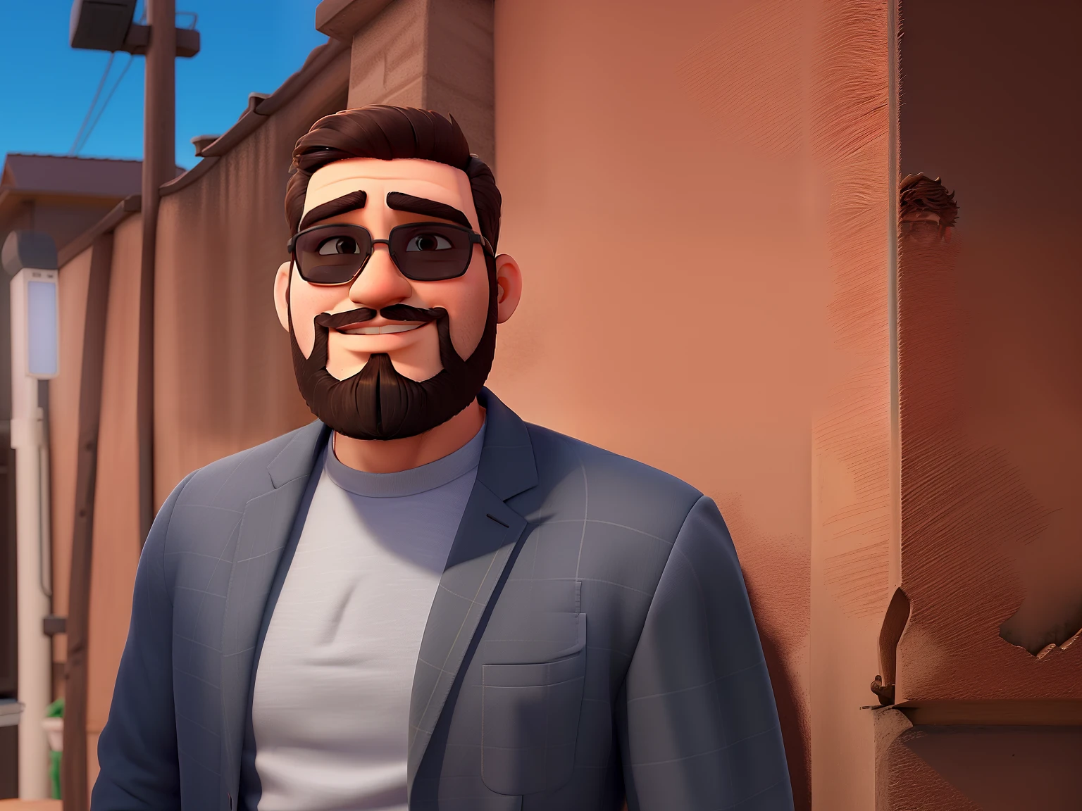 Um homem jovem, with a medium beard and sunglasses. Sua barba possui alguns fios brancos e ele veste um blazer cinza por cima de uma camisa em tom mais claro de cinza.