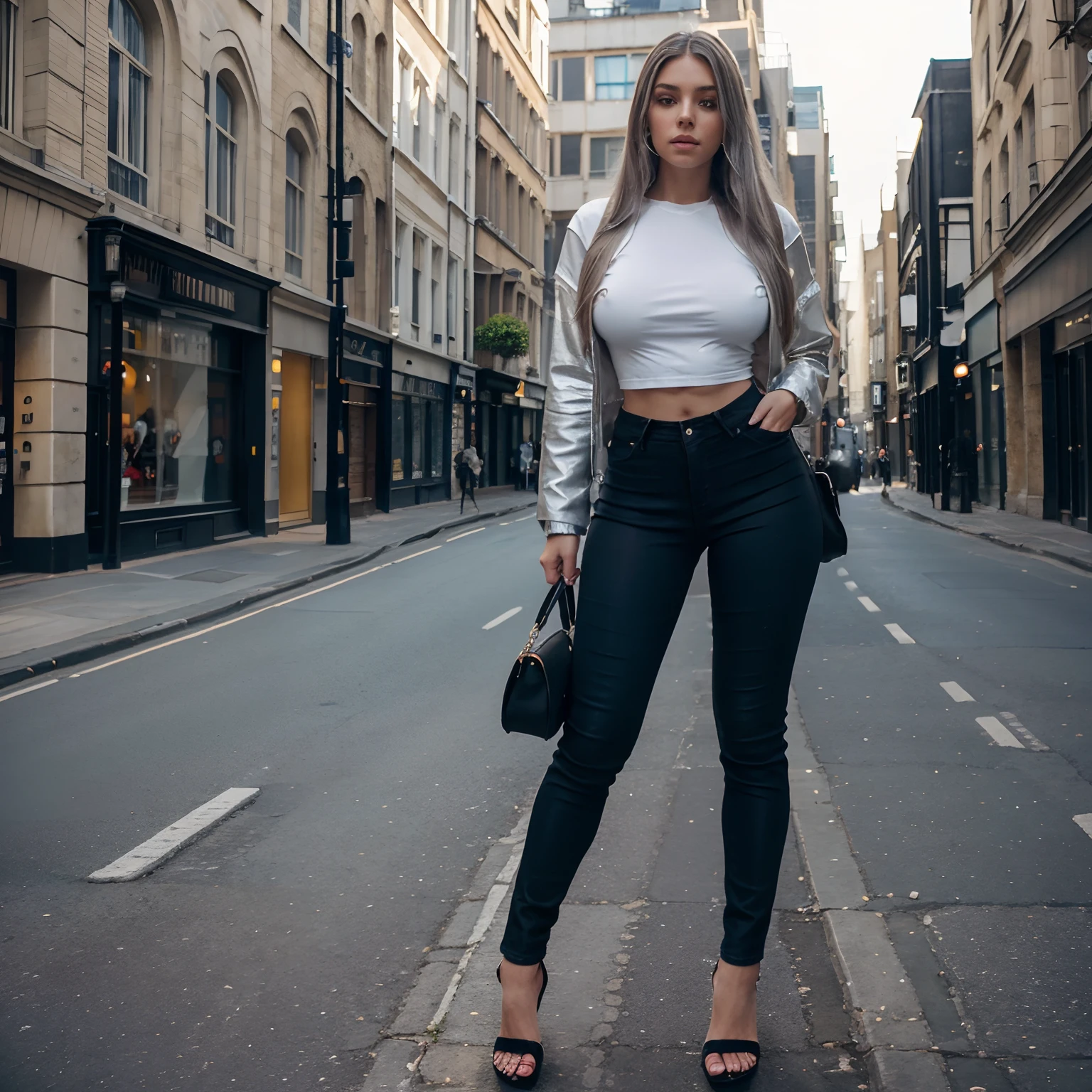 beautiful model, silver hair, brown eyes, long hair, hourglass waist, wide legs, medium breasts, large buttocks, tight black jean pants, white t-shirt, open blue denin jacket, elegant black sandals, black purse, streets of London, alone, sexy, wide legs, athletic body