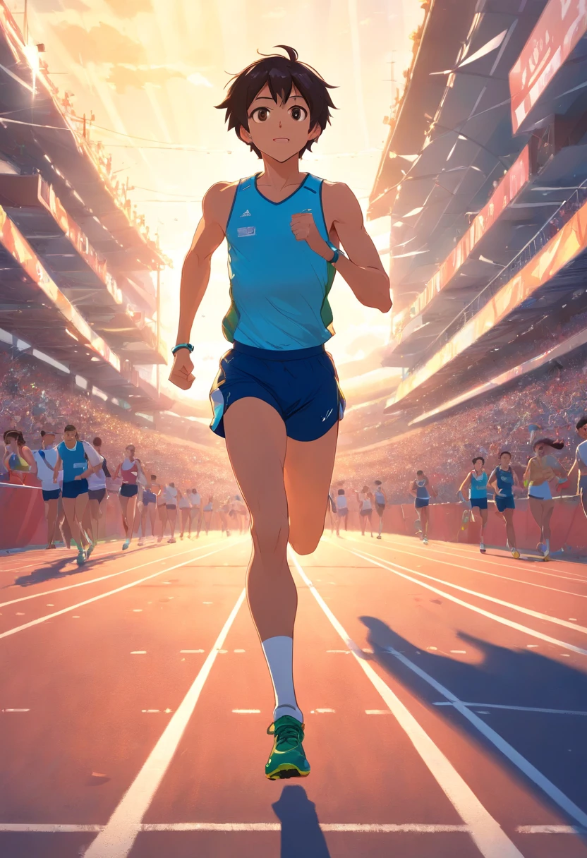 Neste primeiro quadrinho, somos transportados para uma atmosfera eletrizante no campo de atletismo de uma escola. The racetrack stretches out in front of us, cercada por arquibancadas repletas de espectadores animados. The sky is clear, with the sun casting a golden light over the scenery.
no centro da imagem, vemos um jovem atleta concentrado e determinado, pronto para iniciar uma corrida. Numero camisa 350. Your muscles are tense, And he's in the starting position, com os olhos fixos no horizonte. Every detail of your sports uniform and running shoes is crisp and realistic.
The crowd around is vibrating with excitement, com rostos animados e bandeiras de apoio. Image quality is first class, capture the texture of the track and the expression of intensity on the athlete's face. It's a time of pure energy and competition, que nos convida a entrar no emocionante mundo do atletismo.