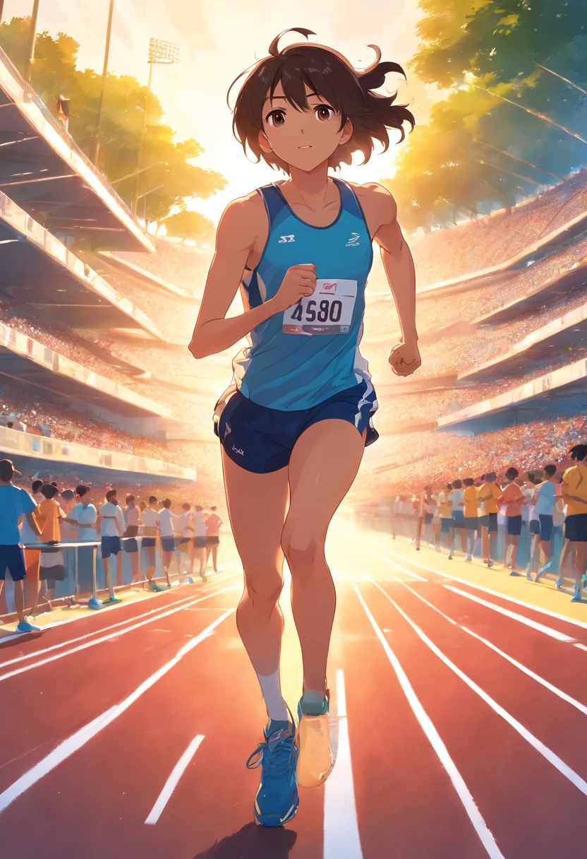 Neste primeiro quadrinho, somos transportados para uma atmosfera eletrizante no campo de atletismo de uma escola. The racetrack stretches out in front of us, cercada por arquibancadas repletas de espectadores animados. The sky is clear, with the sun casting a golden light over the scenery.

no centro da imagem, vemos um jovem atleta concentrado e determinado, pronto para iniciar uma corrida. Numero camisa 350. Your muscles are tense, And he's in the starting position, com os olhos fixos no horizonte. Every detail of your sports uniform and running shoes is crisp and realistic.

The crowd around is vibrating with excitement, com rostos animados e bandeiras de apoio. Image quality is first class, capture the texture of the track and the expression of intensity on the athlete's face. It's a time of pure energy and competition, que nos convida a entrar no emocionante mundo do atletismo.