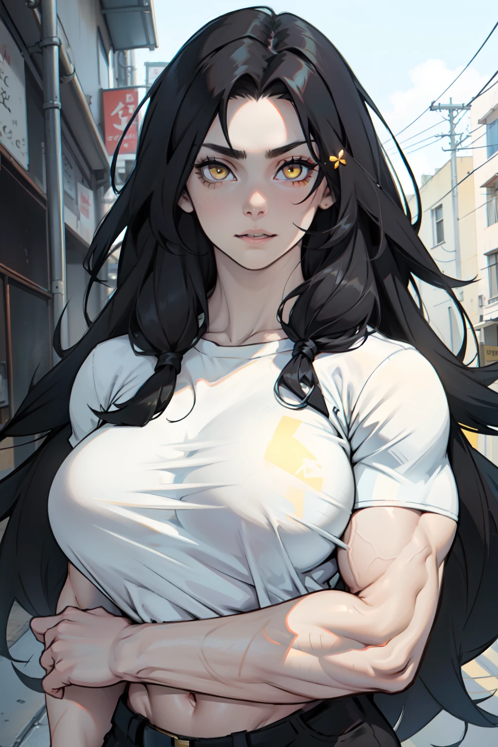 huge breasts pale skin very long hair black hair yellow eyes ((((((1 girl)))))) (((((muscular))))) (raising_shirt)