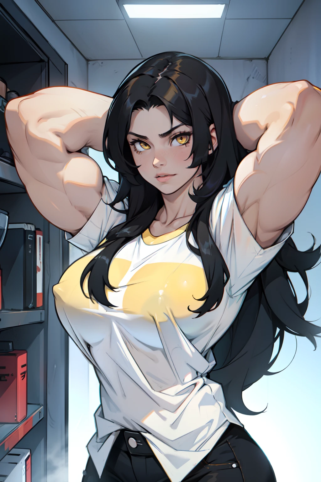 huge breasts pale skin very long hair black hair yellow eyes ((((((1 girl)))))) (((((muscular))))) (raising_shirt)