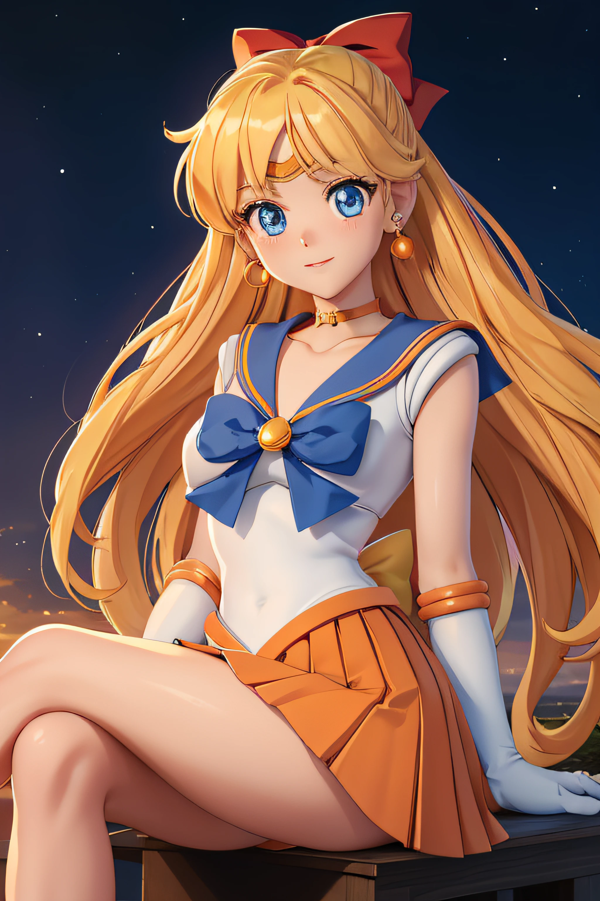 masterpiece, highest quality, High resolution, venus1, 1 girl, alone, Sailor Senshi Uniform, sailor venus, aino minako, blonde hair, Magical girl, blue eyes, Orange skirt, elbow bag, tiara, pleated skirt, hair ribbon, orange sailor collar, mini skirt, choker, red bow, orange choker, white gloves, very long hair, jewelry, earrings, cowboy shot, smile,