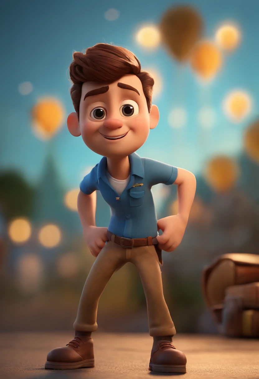 Personagem de desenho animado de um homem usando uma camisa azul, um personagem animado, Caractere estilizado, animation style rendering, 3D estilizado, Arnold Maya render, 3 d render stylized, toon render keyshot, Personagem 3D, Personagem 3D, 3d rendering stylized, 3 d character render, personagem de desenho animado, Personagem de close up, Pose de personagem, (Estilo Pixar) (master part:1.2) (Bokeh) (best quality) (pele detalhada) (textura detalhada) (8k) (argila) (Cinematic lighting) (foco nítido，Senta e vaza a parte superior do corpo