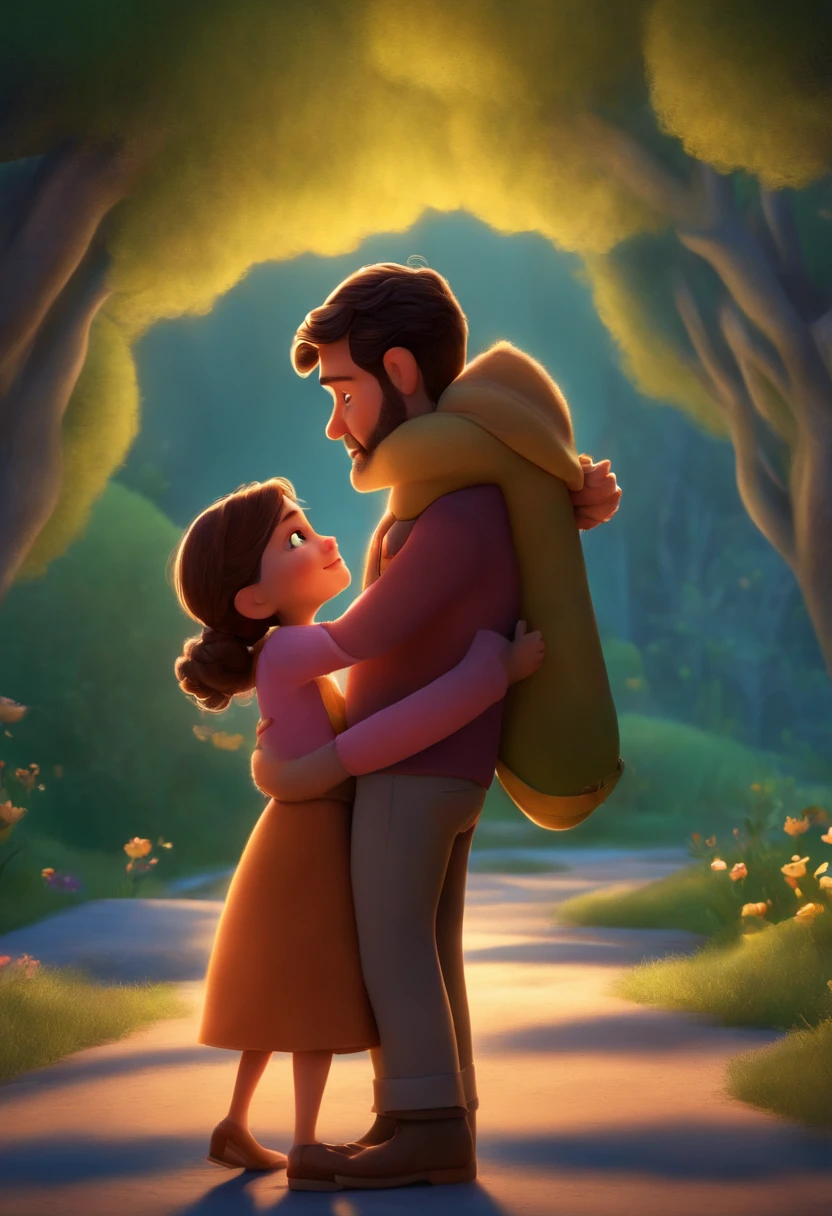 A father hugging his wife, casal de filhos o menino de 8 anos, 6--old l: a dream project inspired by Pixar animation, de perto. The character takes center stage with captivating facial expressions, oferecendo um toque de irrealidade