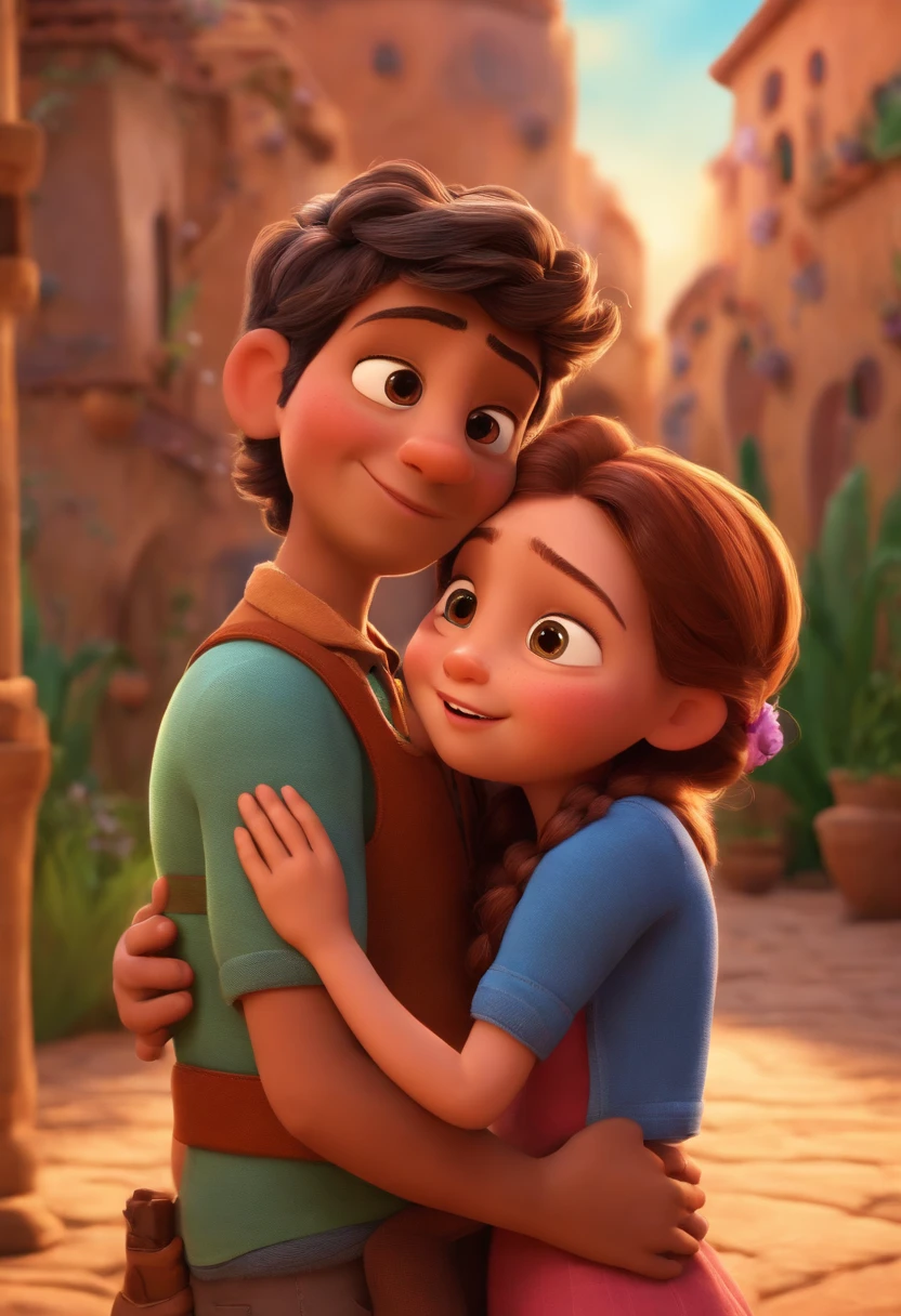 A father hugging his wife, casal de filhos o menino de 8 anos, 6-year-old girl: a dream project inspired by Pixar animation, de perto. The character takes center stage with captivating facial expressions, oferecendo um toque de irrealidade