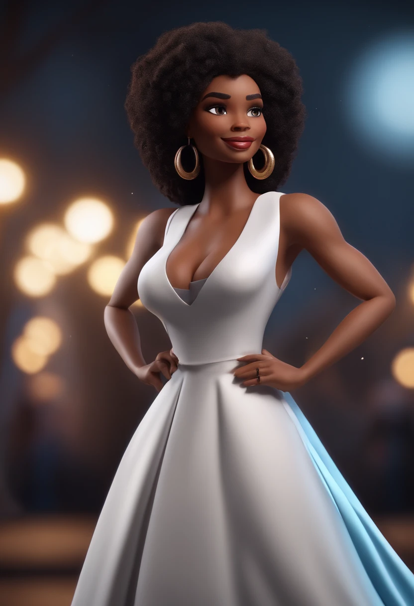 personagem dos desenhos animados de uma mulher com cabelos afro preto na altura dos ombros, magra,com um grande sorriso,usando vestido vermelho com um pano por cima dos ombros, nariz pequeno e fino, animation character, Caractere estilizado, animation style rendering, 3D estilizado, Arnold Maya render, 3 d render stylized, toon render keyshot, Personagem 3D, Personagem 3D, 3d rendering stylized, 3 d character render, personagem de desenho animado, Personagem de close up, Pose de personagem, (Estilo Pixar) (master part:1.2) (Bokeh) (best quality) (pele detalhada) (textura detalhada) (8k) (argila) (Cinematic lighting) (foco nítido