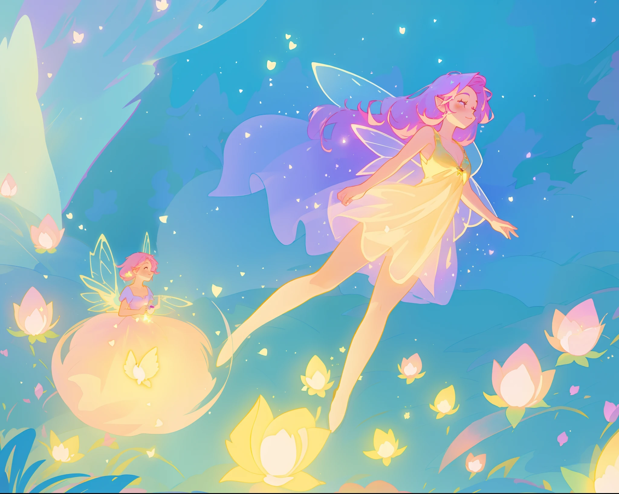 beautiful fairy girl in golden flowing dress, fairy dress, (huge sparkling purple pink fairy wings), fairy queen, ((magical colorful otherworldly landscape)), ((gold fairy flowers)), glowing balls of light, flowers made of light, meadow filled with glowing golden flowers, (glowing fairy wings), glowing flowing ballgown, long pink hair, sparkling fairy wings, watercolor illustration, flowers and colorful plants, disney art style, glowing aura around her, glowing lights, beautiful digital illustration, fantasia otherworldly landscape plants flowers, beautiful, masterpiece, best quality, anime disney style
