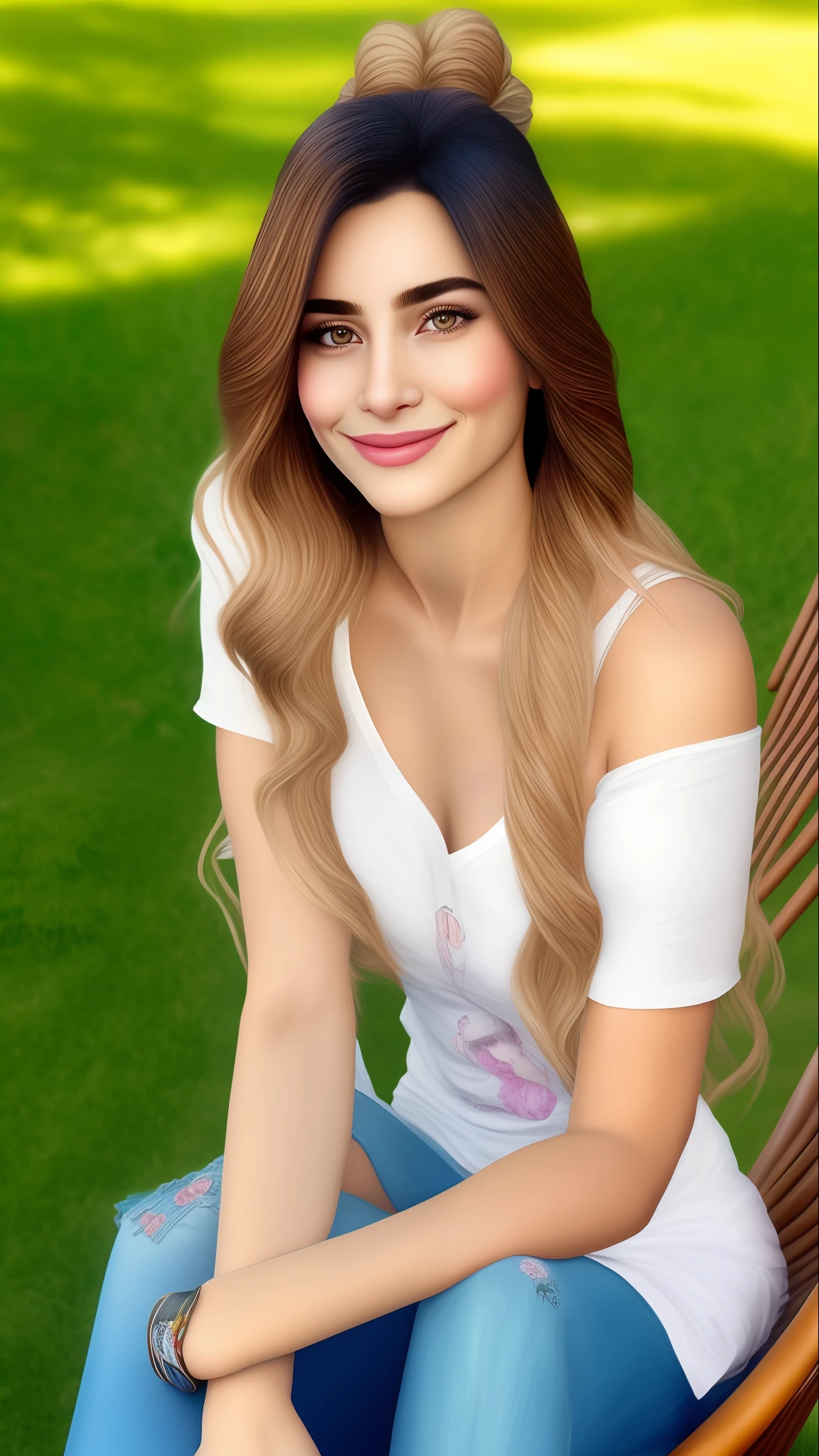 A portrait of a beautiful young girl sitting on a chair in the grass, com 26 anos, cabelos longos e lisos, chinelo, no estilo Pixar Disney