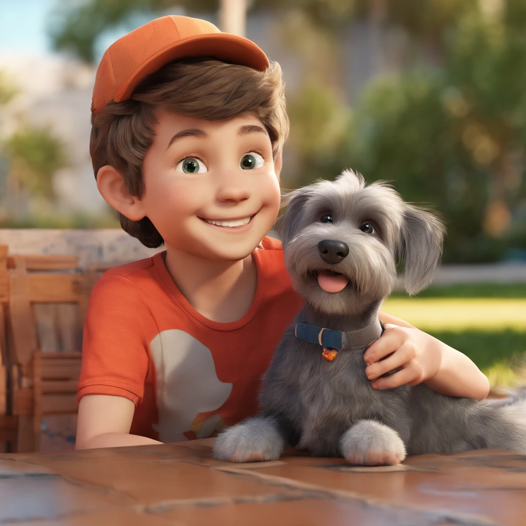 Lucas is a smiling 5-year-old human boy, com seu fiel amigo, parafuso, o cachorro schnauzer, deitados no jardim
