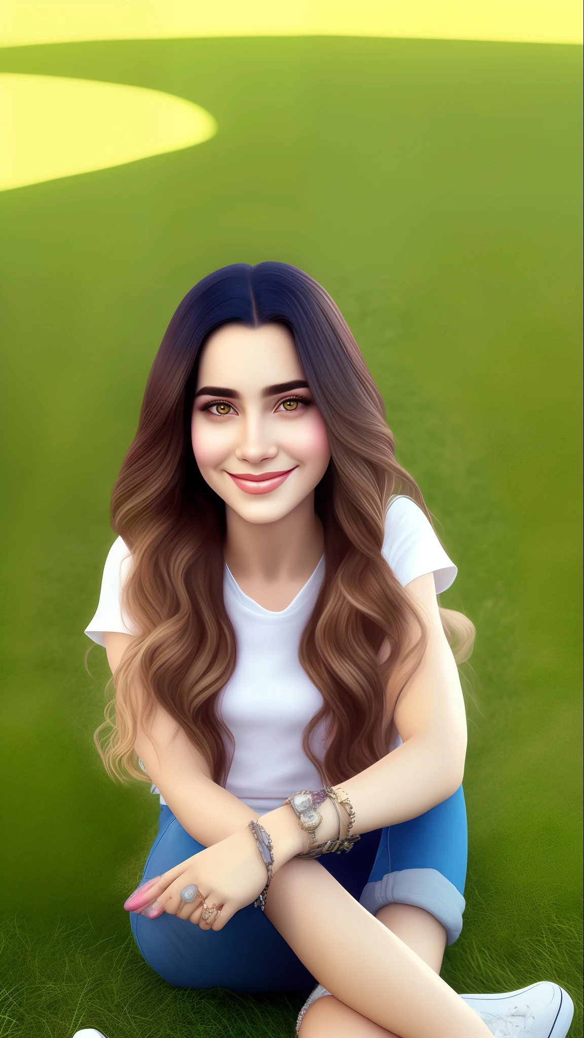 A portrait of a beautiful young girl sitting on a chair in the grass, com 26 anos, cabelos longos e lisos, chinelo, no estilo Pixar Disney
