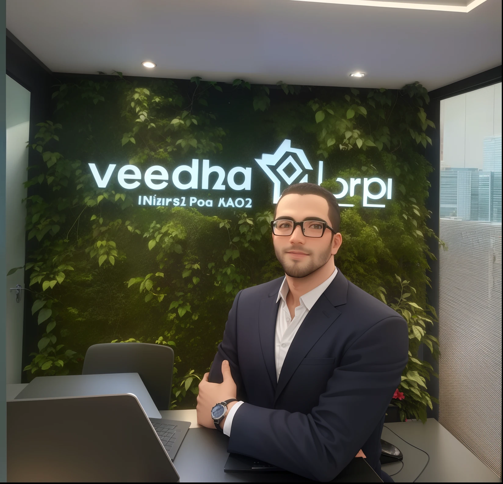 Man in suit standing in front of a desk with a laptop, imagem profissional, Directed by: Joseph Werner, foto de perfil profissional, Mohamed Reda, CEO, Directed by: Yehia Dessouki, VP de Marketing, imagem de alta qualidade, olhando parcialmente para a esquerda, by João Artur da Silva, foto do perfil, Directed by: Daniel Schultz, imagem de perfil