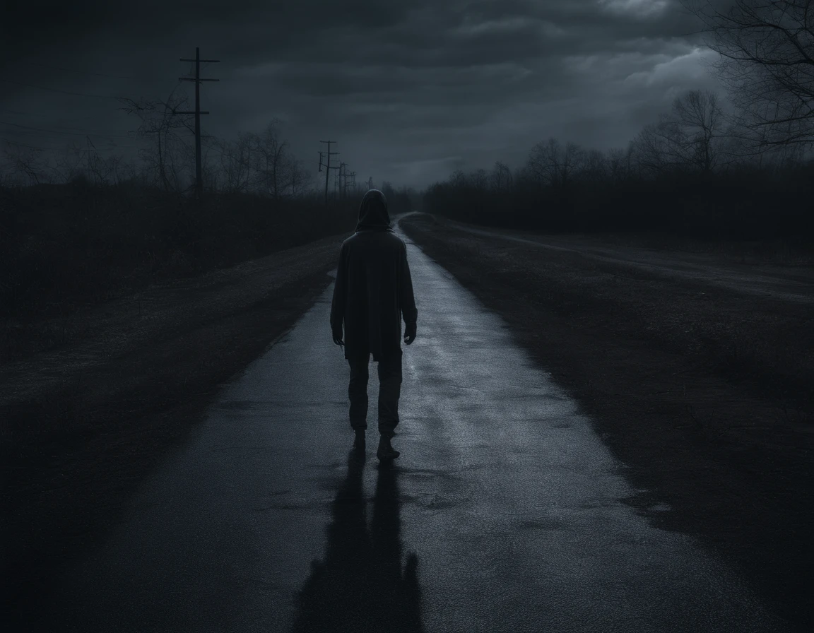 Disturbing image of a age man walking shirtless and barefoot on the side of a road on a cold night, fotografia de filme de terror