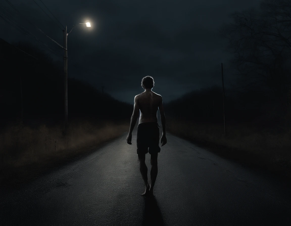 Disturbing image of a teenage man walking shirtless and barefoot on the side of a road on a cold night, fotografia de filme de terror