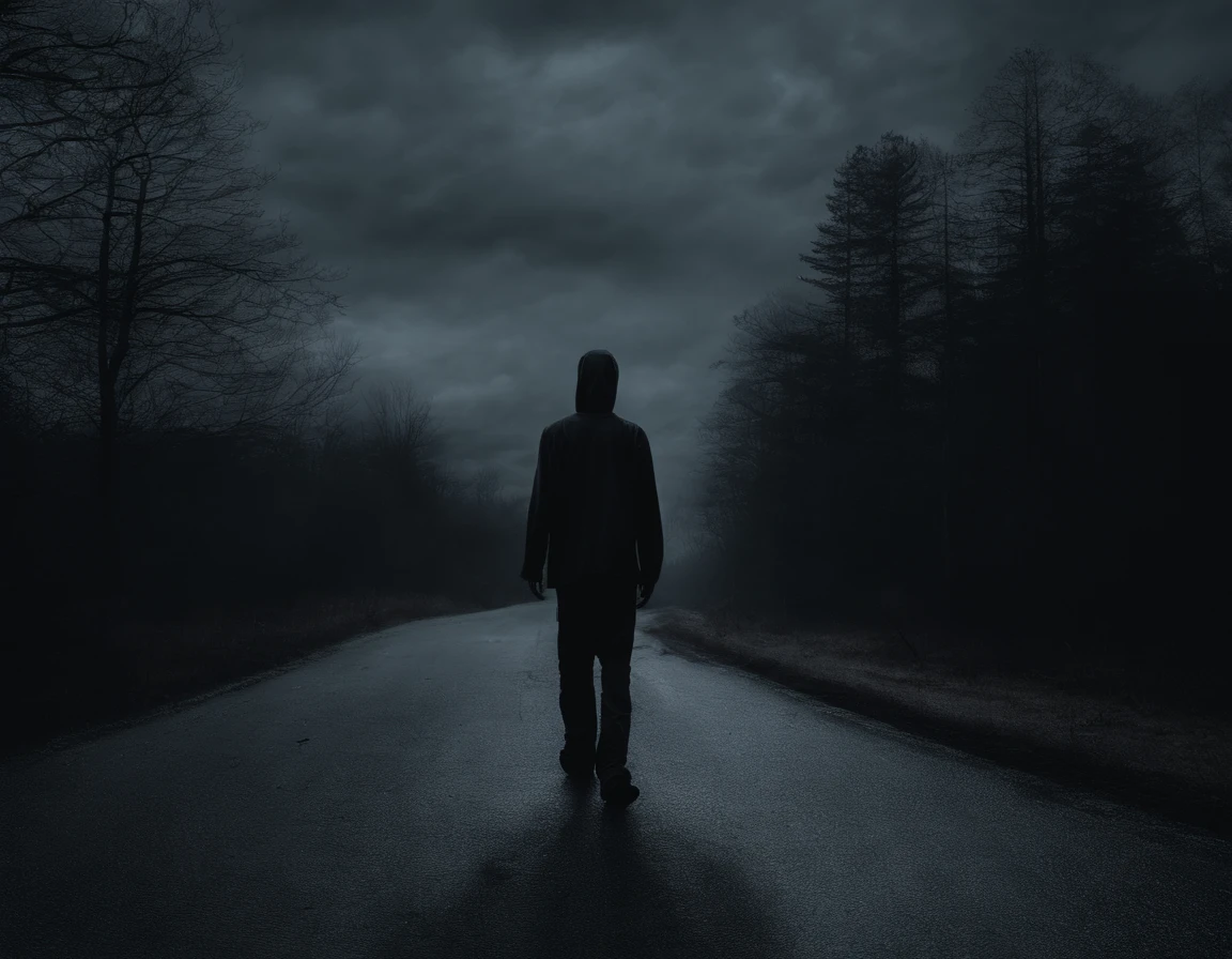 Disturbing image of a teenage man walking shirtless and barefoot on the side of a road on a cold night, fotografia de filme de terror