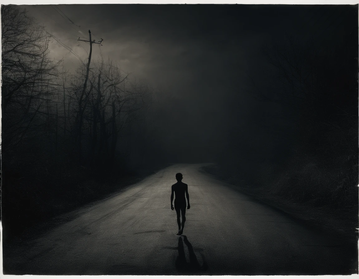 Disturbing image of a age man walking shirtless and barefoot on the side of a road on a cold night, fotografia de filme de terror