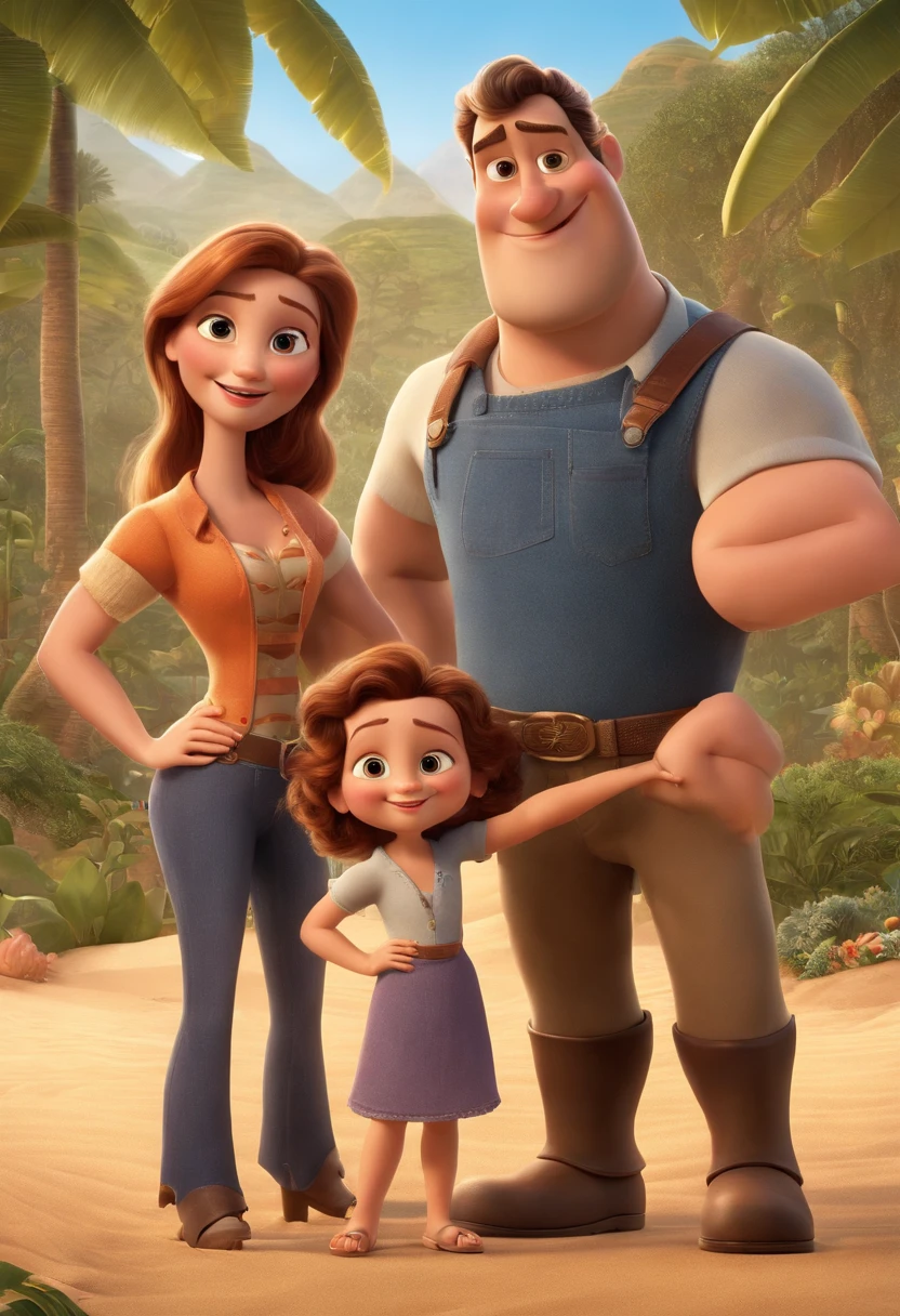 a Disney Pixar movie poster showing a white-skinned family. The father is the tallest, Tem barba curta, loiro, cabelos curtos e espinhosos. The mother has brown eyes and hair, shoulder-length and is slightly overweight. A menina tem 4 anos e cabelos castanhos, roupa rosa e rabos de cavalo. The background is a beach garden. 3D-rendering