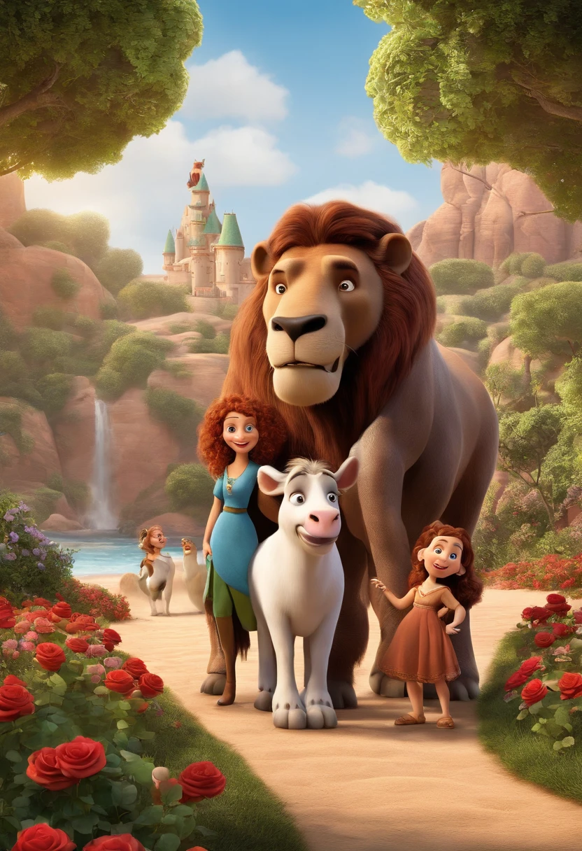 a Disney Pixar movie poster showing a white-skinned family. The father is the tallest, Tem barba curta, loiro, cabelos curtos e espinhosos. The mother has brown eyes and hair, shoulder-length and is slightly overweight. A menina tem 4 anos e cabelos castanhos, roupa rosa e rabos de cavalo. The background is a beach garden. 3D-rendering
