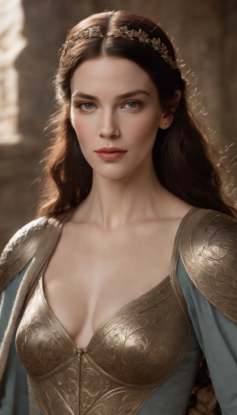 Bela pintura de Liv Tyler perfeita como guerreira elfa feminina, cabelos longos e disformes, perfect features, (wearing extremely ornate elven armor), beleza abstrata, near perfection, forma pura, dynamic pose, ethereal background, (sombras escuras profundas), (Strong cinematic lighting), (back lighting), arte conceitual por Greg Rutkowski e John William Waterhouse e Alphonse Mucha, detalhes impressionantes, detalhes intrincados, 8K post-production, high resolution, super detalhes, trending on ArtStation, foco nítido, profundidade de campo f/1.8, studio photos, (((Looking at camera))).