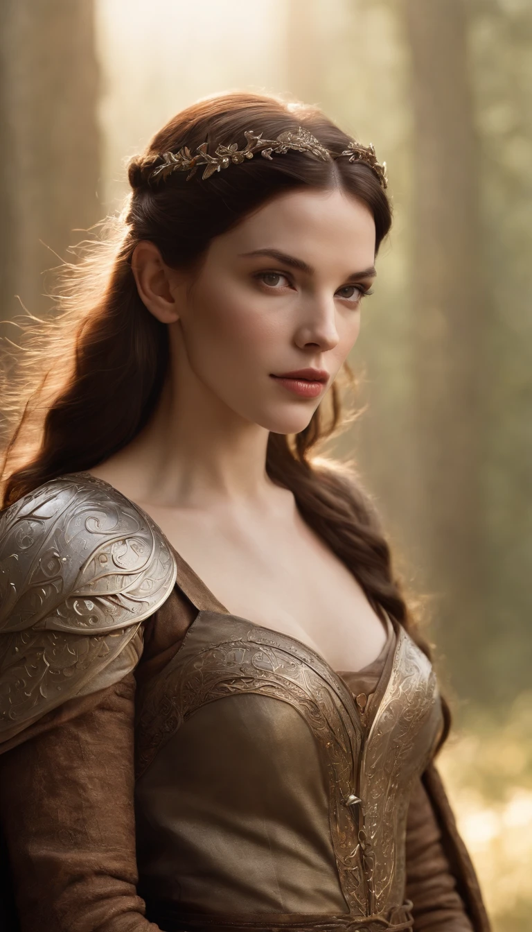 Bela pintura de Liv Tyler perfeita como guerreira elfa feminina, cabelos longos e disformes, perfect features, (wearing extremely ornate elven armor), beleza abstrata, near perfection, forma pura, dynamic pose, ethereal background, (sombras escuras profundas), (Strong cinematic lighting), (back lighting), arte conceitual por Greg Rutkowski e John William Waterhouse e Alphonse Mucha, detalhes impressionantes, detalhes intrincados, 8K post-production, high resolution, super detalhes, trending on ArtStation, foco nítido, profundidade de campo f/1.8, studio photos, (((Looking at camera))).