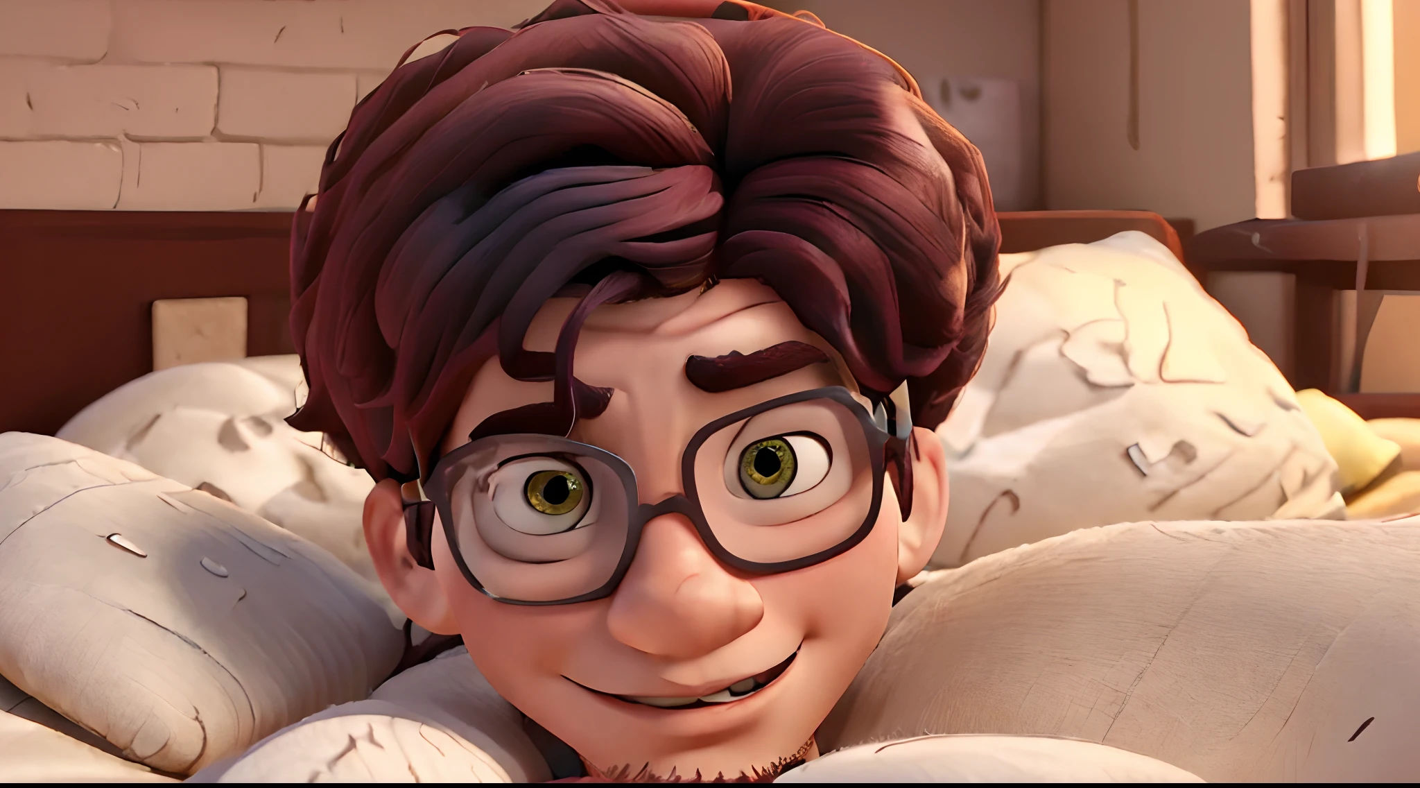 Danilo young 25 year old lying on bed head short dark brown eyes and glasses Disney pixar drawing in 3D in and half attractive.