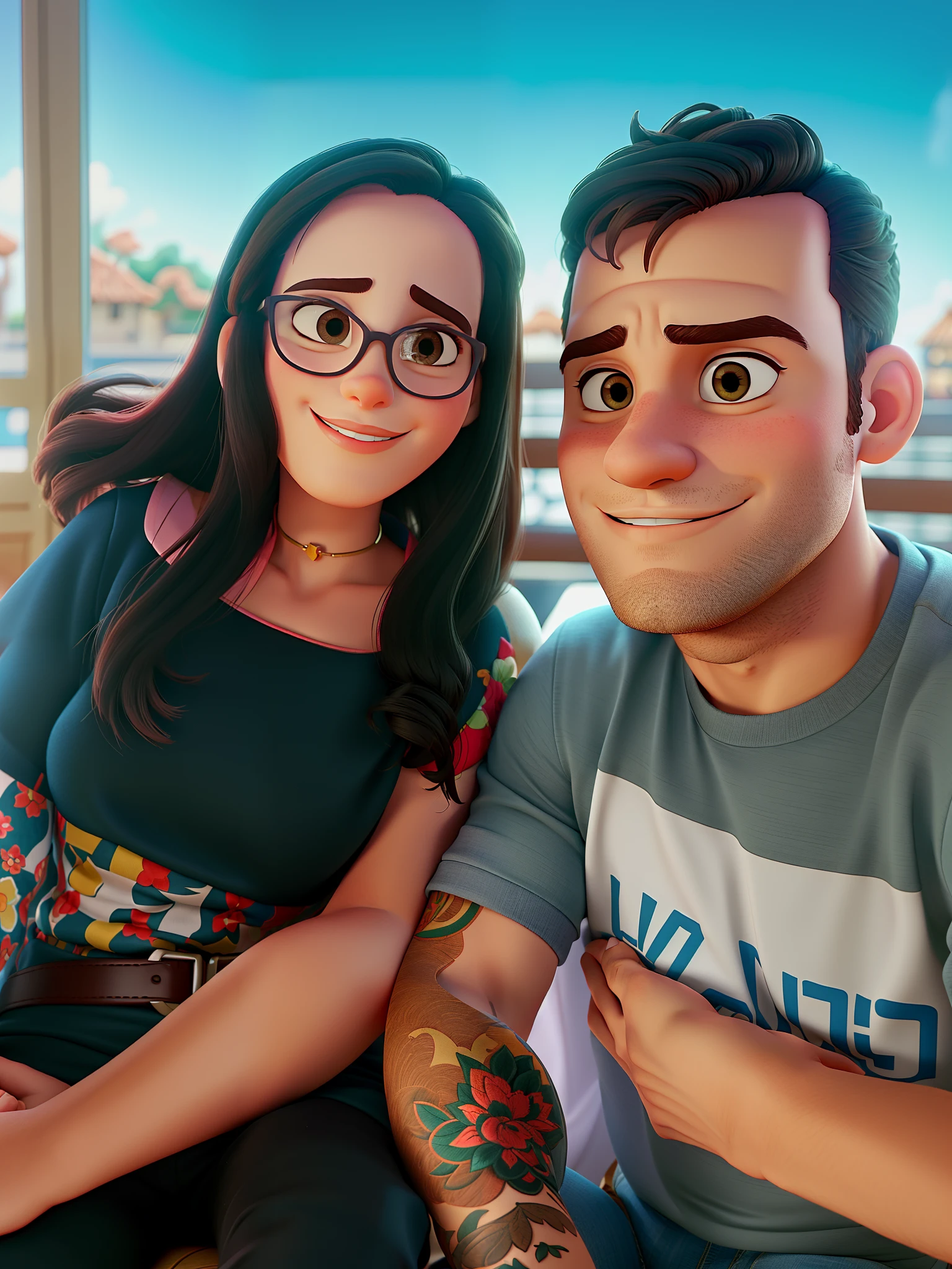Casal (homem moreno e mulher branca) no estilo Disney Pixar, alta qualidade, melhor qualidade.