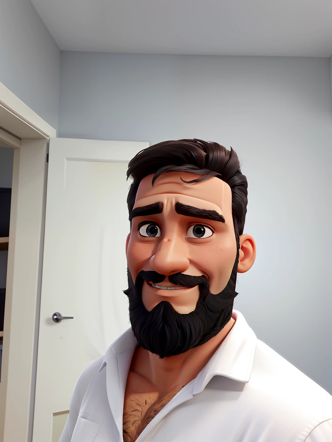 Homem vom barba e cabelos pretos olhos azuis com pele parda.