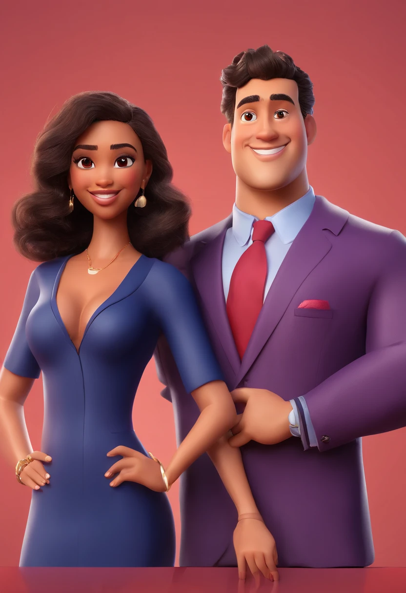 An illustration of an adorable couple, Highlight for a smiling chubby mulatto man and a black woman with beautiful expressive eyes - the man's skin is mulatto and the man's hair has, while the woman's skin is black and the woman's hair is curled and brown. They are a bright room, cada um com um sorriso no rosto, e compartilhar um momento especial caracterizado pelo amor, Insights. Illustrate this scene from a perspective where they are facing the camera, Sorrindo, He wears a suit and tie and she wears a purple dress and a handbag and showing their connection. Desenvolva esta arte em Full HD, Focus on your cinematic touch, Estilo Disney Pixar Animations