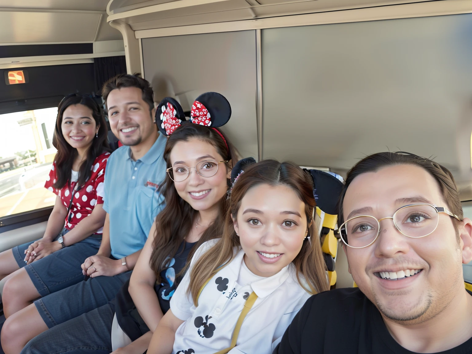 There's four people sitting on a bus with Mickey Mouse ears, Disney 8 k foto, vacation photo, na California Adventure, Fotografia tirada em 2 0 2 0, Foto tirada em 2018, monotrilho, carpool karaoke, Disney!!, Grandes olhos da Disney, foto de grupo, foto do snapchat, mundo Disney, Terra da Disney, Disney Studios, 2 0 2 2 foto