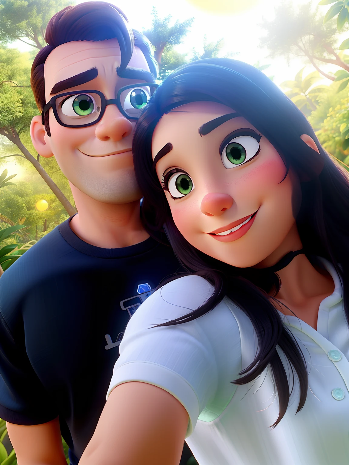 Um casal mulher e homem no estilo disney pixar, iluminado pela luz do sol, Against the backdrop of greenery