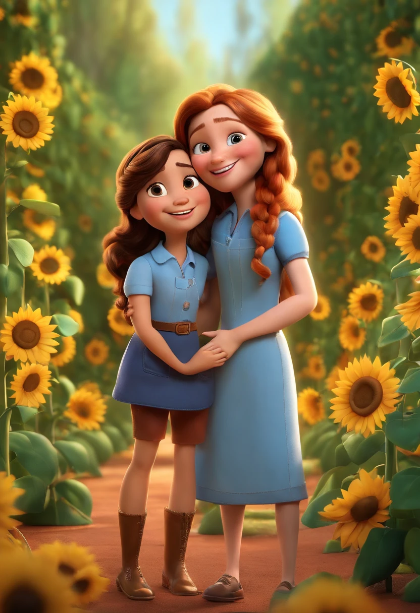 Create a Disney PIXAR-style 3D poster. Of 2 sisters They're hugging each other, A menina tem 12 anos tem pele bronzeada e cabelos castanhos escuros de franja e olhos castanhos escuros, uma mulher de 23 anos, tem pele clara, olhos e cabelo castanho ,tudo isso no estilo Disney PIXAR 3D, In the background, A house of sunflowers, Gloria Studio, The garden is full of nature 3D render RTX clay material, estilo de design cartunesco, POP Mart, soft lighting, linhas suaves, Spring tilt, Detailed illustrations of PIXAR 3D, Detalhes hiper-realistas, cor quente no estilo Disney PIXAR 3D))