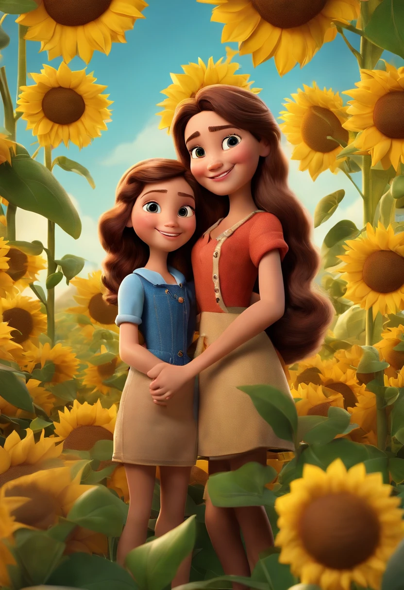 Create a Disney PIXAR-style 3D poster. Of 2 sisters They're hugging each other, A tem 12 anopele bronzeada e cabelos castanhos escuros de franja e olhos castanhos escuros, uma mulher de 23 anos, tem pele clara, olhos e cabelo castanho ,tudo isso no estilo Disney PIXAR 3D, In the background, A house of sunflowers, Gloria Studio, The garden is full of nature 3D render RTX clay material, estilo de design cartunesco, POP Mart, soft lighting, linhas suaves, Spring tilt, Detailed illustrations of PIXAR 3D, Detalhes hiper-realistas, cor quente no estilo Disney PIXAR 3D))