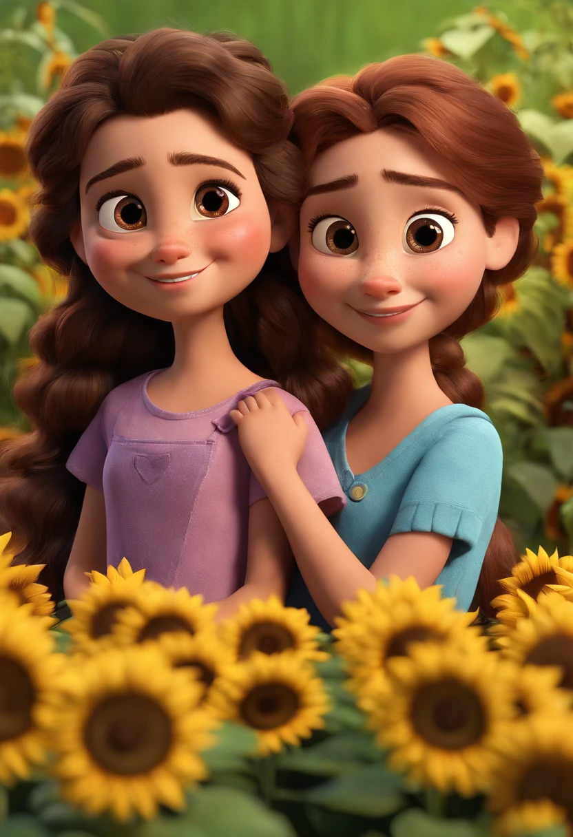 Create a Disney PIXAR-style 3D poster. Of 2 sisters They're hugging each other, A tem 12 anopele bronzeada e cabelos castanhos escuros de franja e olhos castanhos escuros, uma mulher de 23 anos, tem pele clara, olhos e cabelo castanho ,tudo isso no estilo Disney PIXAR 3D, In the background, A house of sunflowers, Gloria Studio, The garden is full of nature 3D render RTX clay material, estilo de design cartunesco, POP Mart, soft lighting, linhas suaves, Spring tilt, Detailed illustrations of PIXAR 3D, Detalhes hiper-realistas, cor quente no estilo Disney PIXAR 3D))