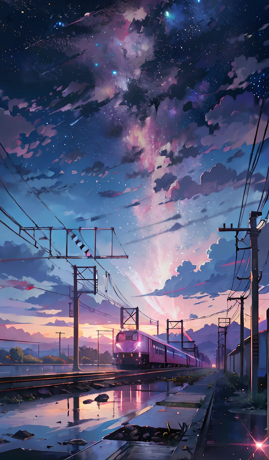 Anime train crossing track in sky background, beautiful and harmonious scene, exquisite animation, rich details (width is 672), high quality, clarity 4k, artistic 4k wallpaper, stunning anime landscape, 8k art wallpaper. 3780x8192px