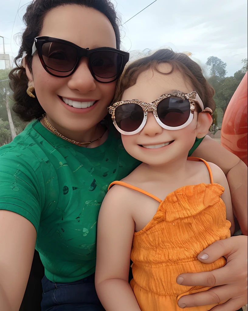 There is a woman and a  who are wearing sunglasses, divertindo-se, imagem de qualidade muito baixa, with a kid, ring orange sunglasses, with sun glasses, cerca de 3 5 anos, non blurry, foto modo retrato, em um dia brilhante, muito bobo olhando, no parque, Divirta-se, foto selfie, em um parque