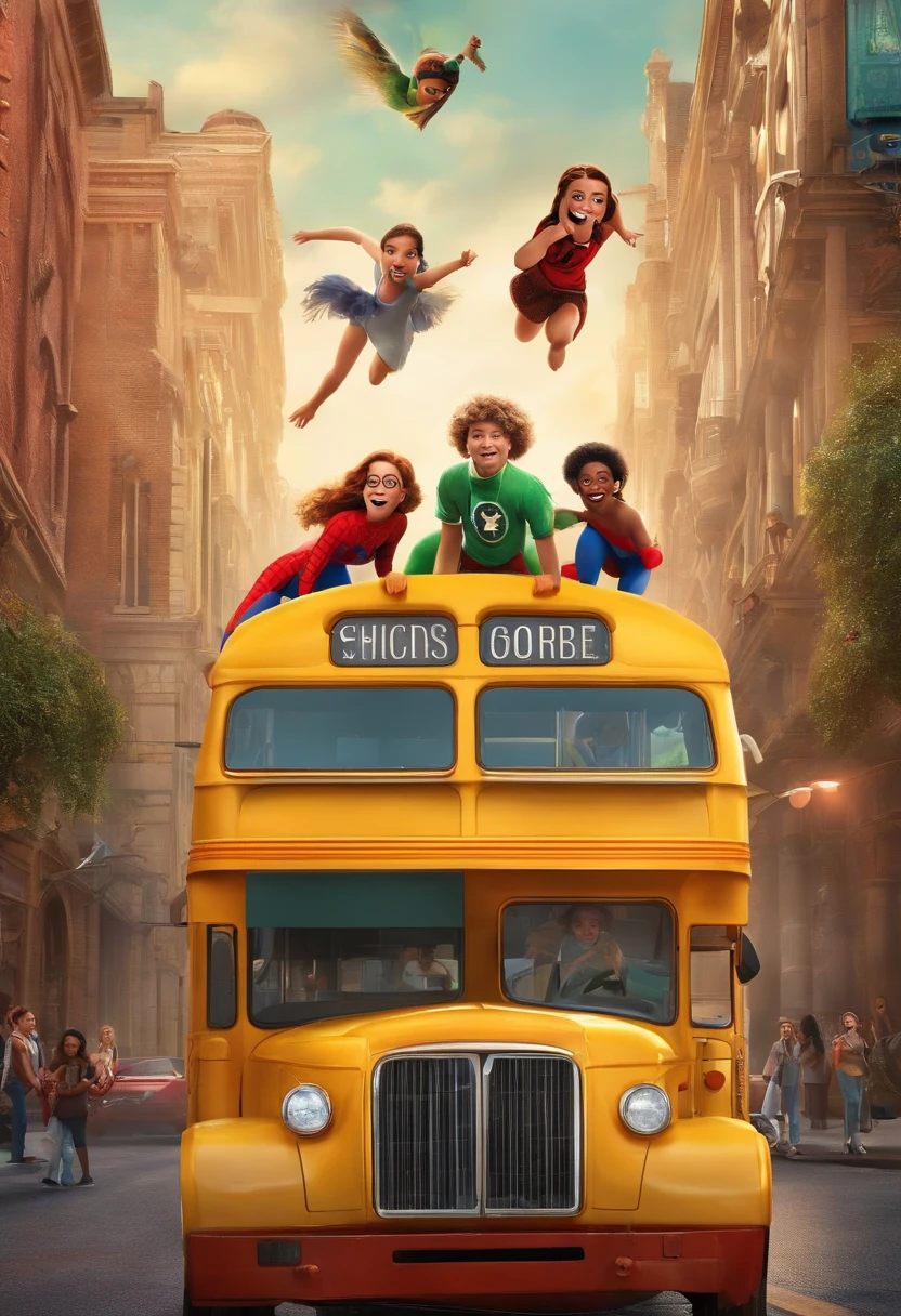 a Disney Pixar movie poster with the title: "SPRITE" Showing 6 teenage girls in the background of a bus, bebendo vodka, with one of them wearing a spider-man mask, um deles bem gordo, outro um pouco gordinho, another of them wearing a cap with a music listening box