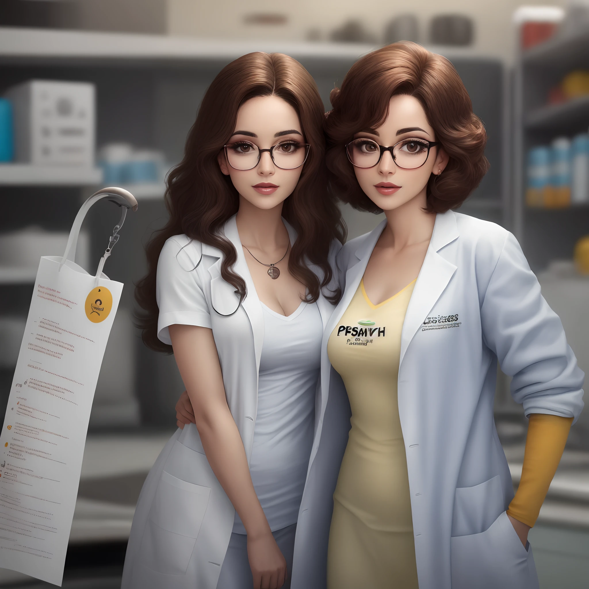 Mulher morena, cabelos crespos, wearing glasses with a lab coat written on them "psychologist" estilo Disney pixar