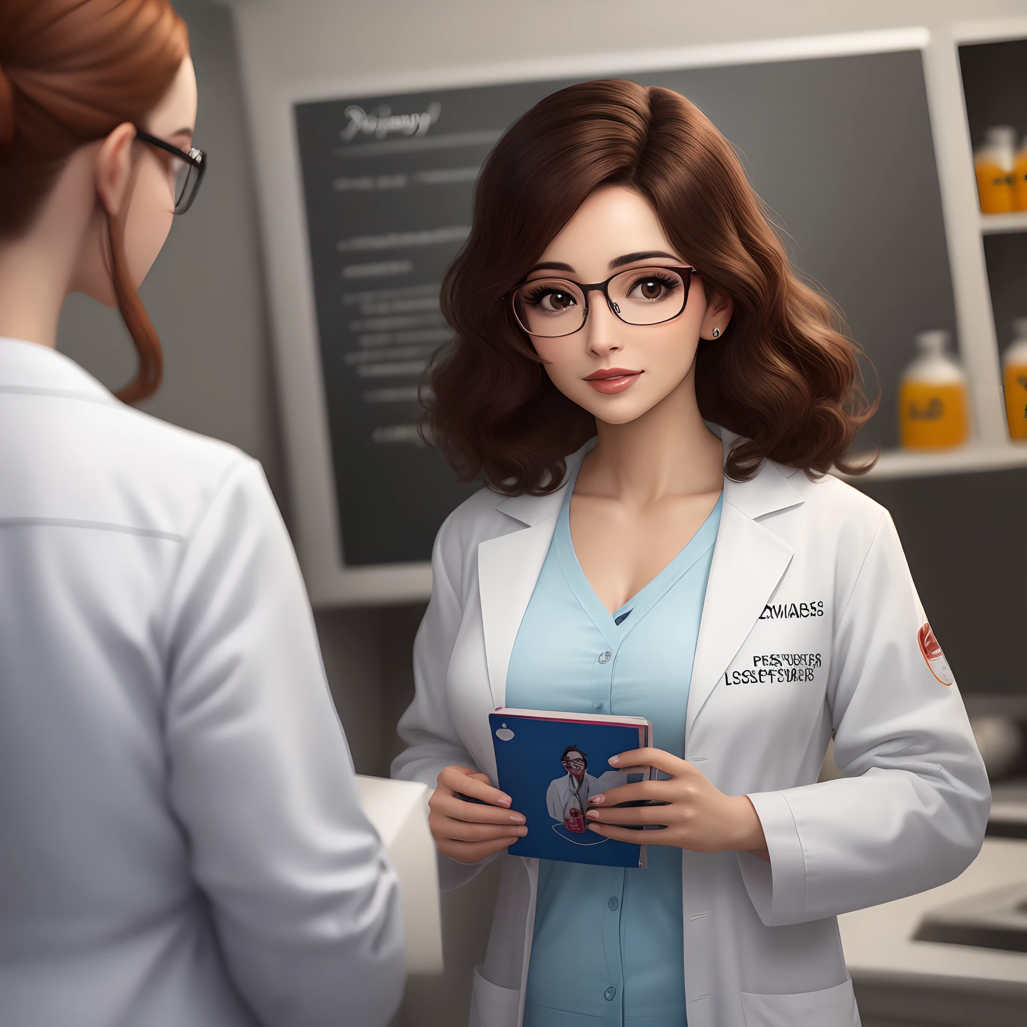 Mulher morena, cabelos crespos, wearing glasses with a lab coat written on them "psychologist" estilo Disney pixar