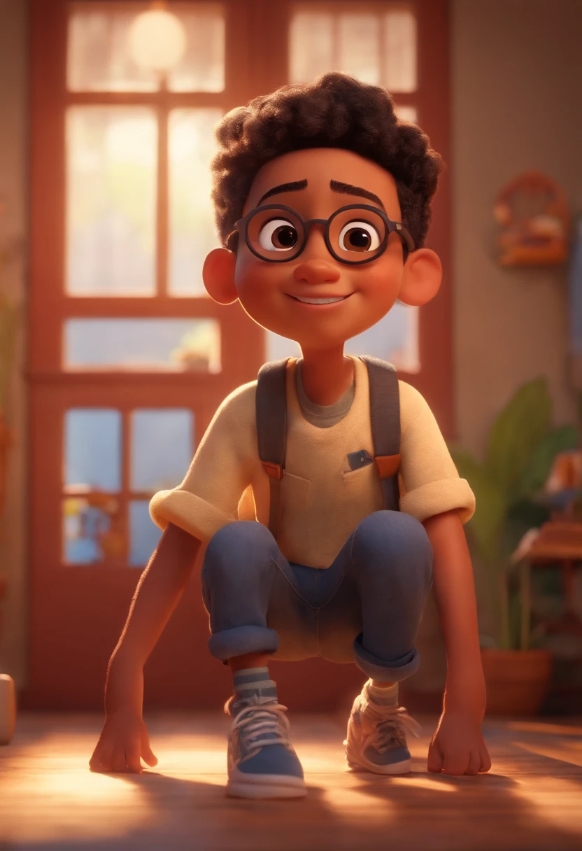 Image of a boy for a story in a YouTube video in Pixar format, He's the little one,He's outgoing, Playful and gets up for a lot of things. Ele tem cabelos escuros e usa oculos redondos.
