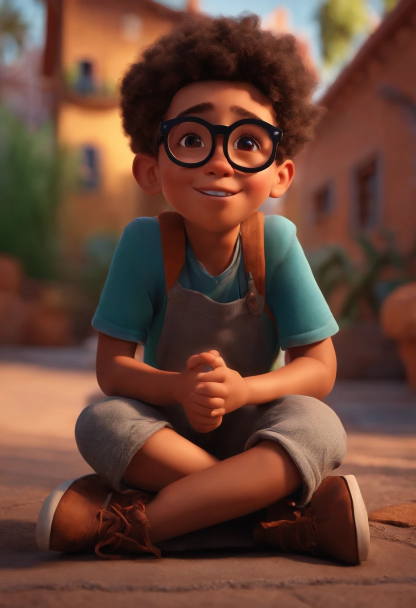 Image of a boy for a story in a YouTube video in Pixar format, He's the  one,He's outgoing, Playful and gets up for a lot of things. Ele tem cabelos escuros e usa oculos redondos.