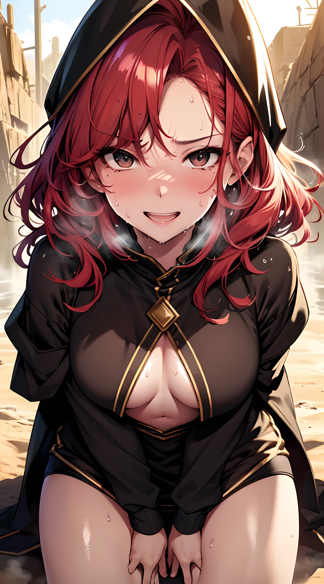 top-quality、supreme1People Girls,hightquality,A detailed face、A detailed eye、Detailed nose、Detailed mouth、 beautiful countenance, ((masuter piece)), ((High resolution)), ((Best Quality)), detail, (NSFW:1.4 ,cum faced、Excited face.Very happy,), ((Skin shiny with sweat:1.4)), (Black Wizard Costume:1.2)、 girl with, Red hair, (Wavy Hair)、sit in:1.5、fair white skin:1.3、((Smaller chest:1)), cinmatic lighting, perfectly shaded,(((A desert))), Realistic lighting with shades