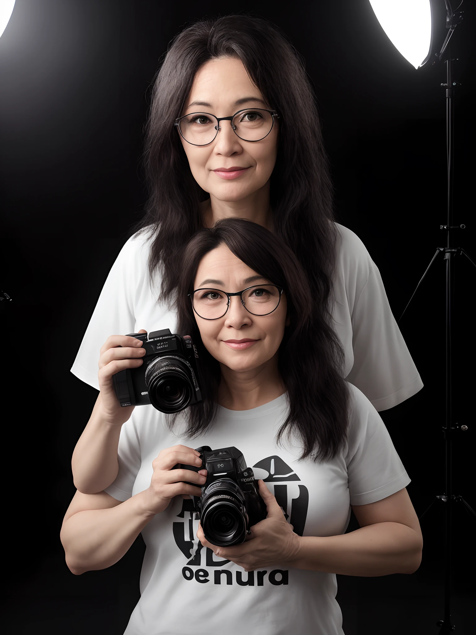 Mulher, 39 anos, alta, wears prescription glasses, cabelo e olhos castanhos, cabelo com coque desarrumado, camiseta preta e bermuda no joelho preta, Holding a camera, in a photo studio, with a lighting set.