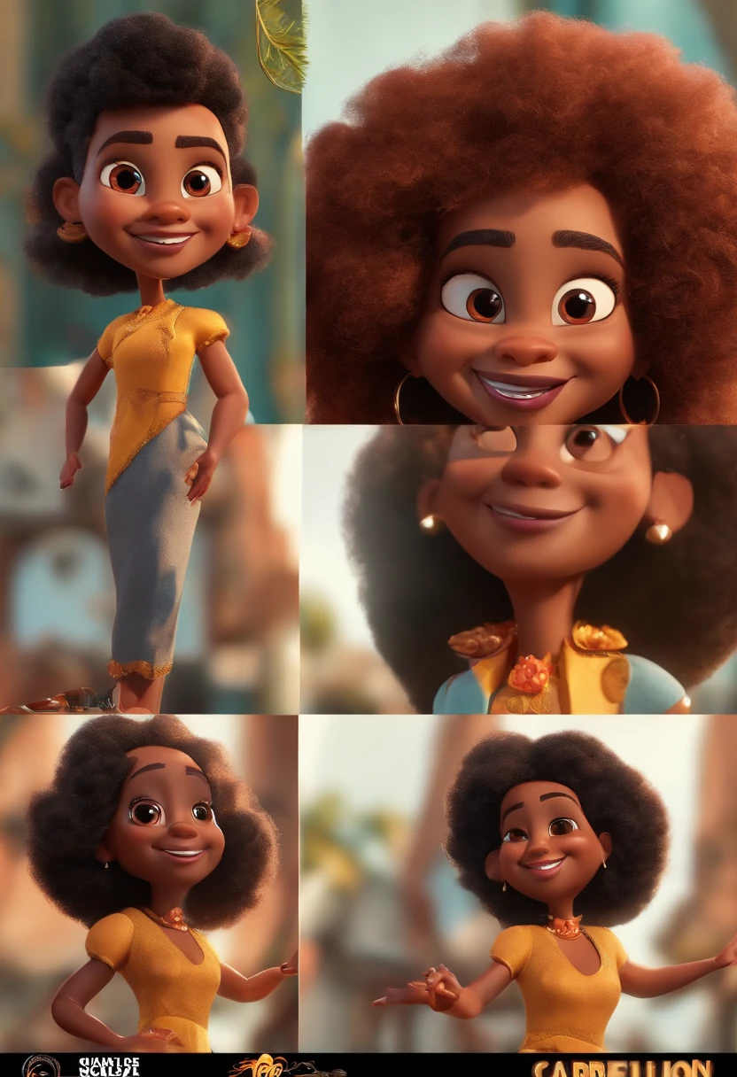 personagem dos desenhos animados de uma mulher com cabelos afro preto na altura dos ombros, magra,com um grande sorriso,usando vestido vermelho com um pano por cima dos ombros,  nariz pequeno e fino, pouco peito animation character, Caractere estilizado, animation style rendering, 3D estilizado, Arnold Maya render, 3 d render stylized, toon render keyshot, Personagem 3D, Personagem 3D, 3d rendering stylized, 3 d character render, personagem de desenho animado, Personagem de close up, Pose de personagem,  (Estilo Pixar) (master part:1.2) (Bokeh) (best quality) (pele detalhada) (textura detalhada) (8k) (argila) (Cinematic lighting) (foco nítido