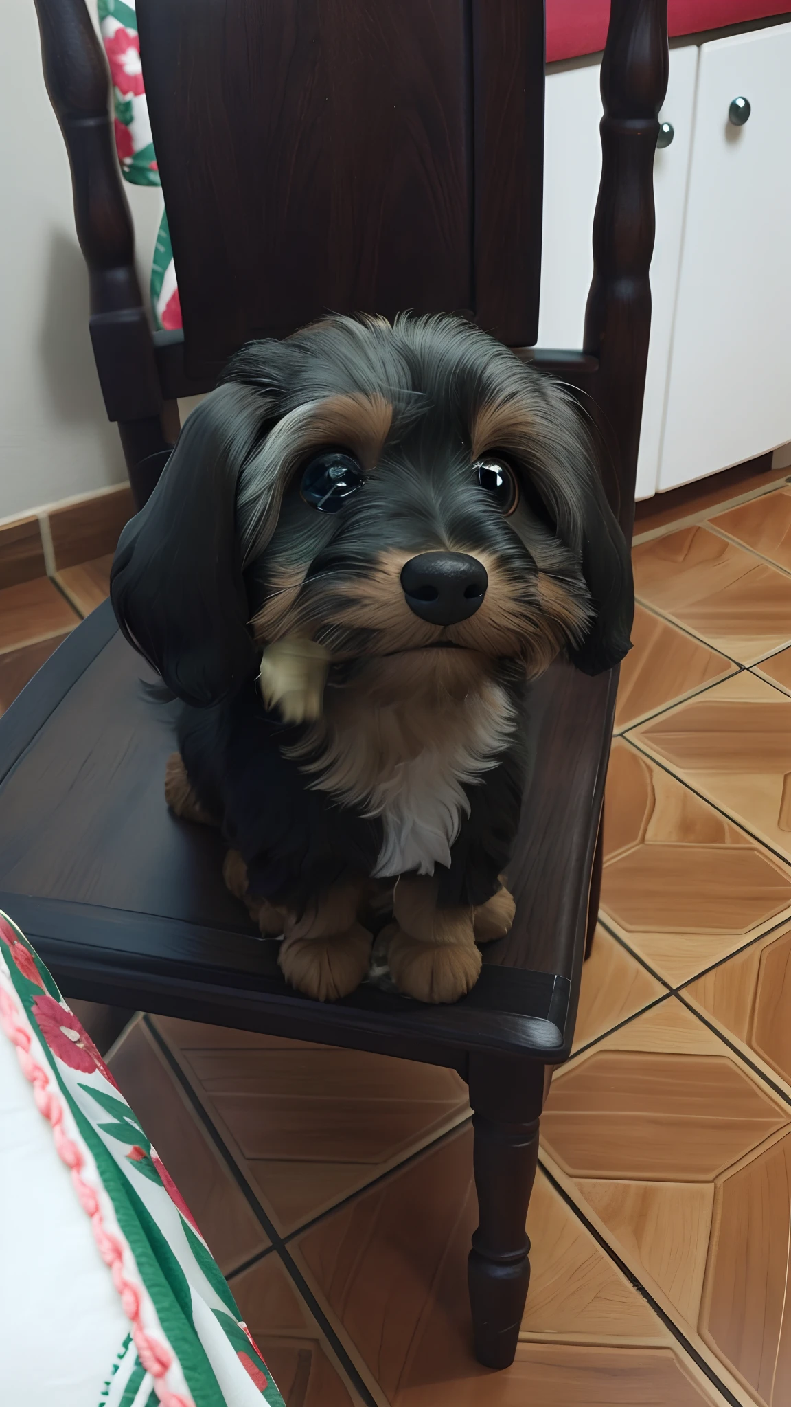 There's a small dog sitting on a chair in a kitchen, Yorkshire Terrier, atordoante!, olhar desleixado, Cavalier Rei Charles Spaniel, bonito, um bonito, olhar orgulhoso, 2 anos, Directed by: Felipe Seade, Looking towards the camera, TIA MASIC, Olhar peruano, atrevido!!!, tiro frontal, havanese dog, muito bonito, aw