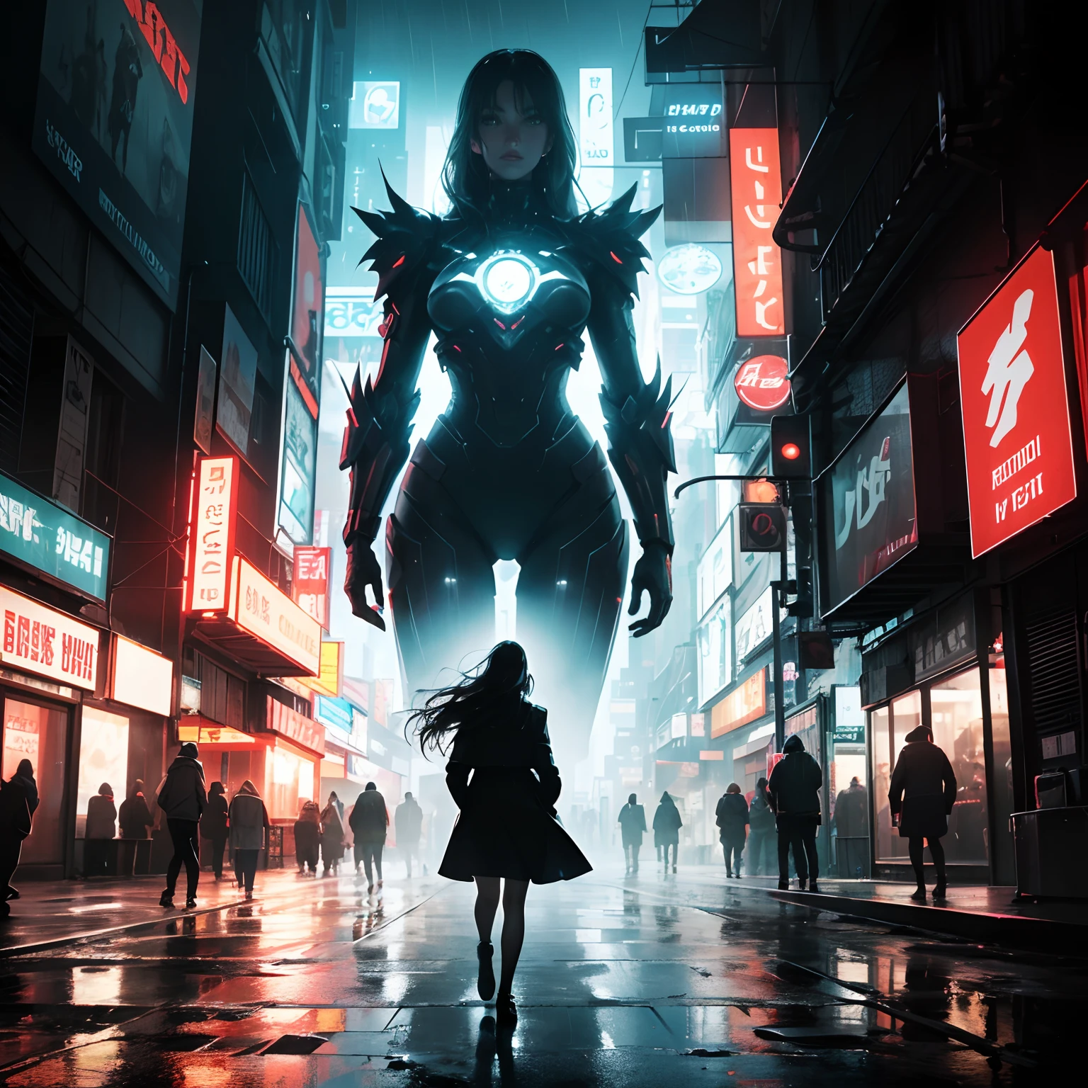 (highres,masterpiece:1.2),ultra-detailed,(realistic,photorealistic,photo-realistic:1.37),a woman standing in a blade runner city at night,detailed face,shining eyes,long waves of hair,confident stance,stunning outfit,surrounded by futuristic neon lights,giant holographic billboards,vibrant colors,reflective surfaces,advanced architectural structures,hovering vehicles,heavy rain pouring down,moody atmosphere,mysterious shadows,blurred motion effects, cyberpunk art style,stark contrast between light and darkness,surreal and dreamlike ambience,dimly lit alleyways,steam evaporating from the ground,dynamic energy,magical and cinematic composition,immersive and captivating scene.